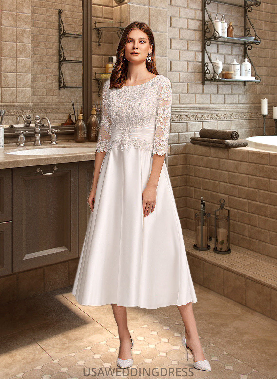 Ingrid A-Line Scoop Neck Tea-Length Wedding Dress With Pockets DSP0013723