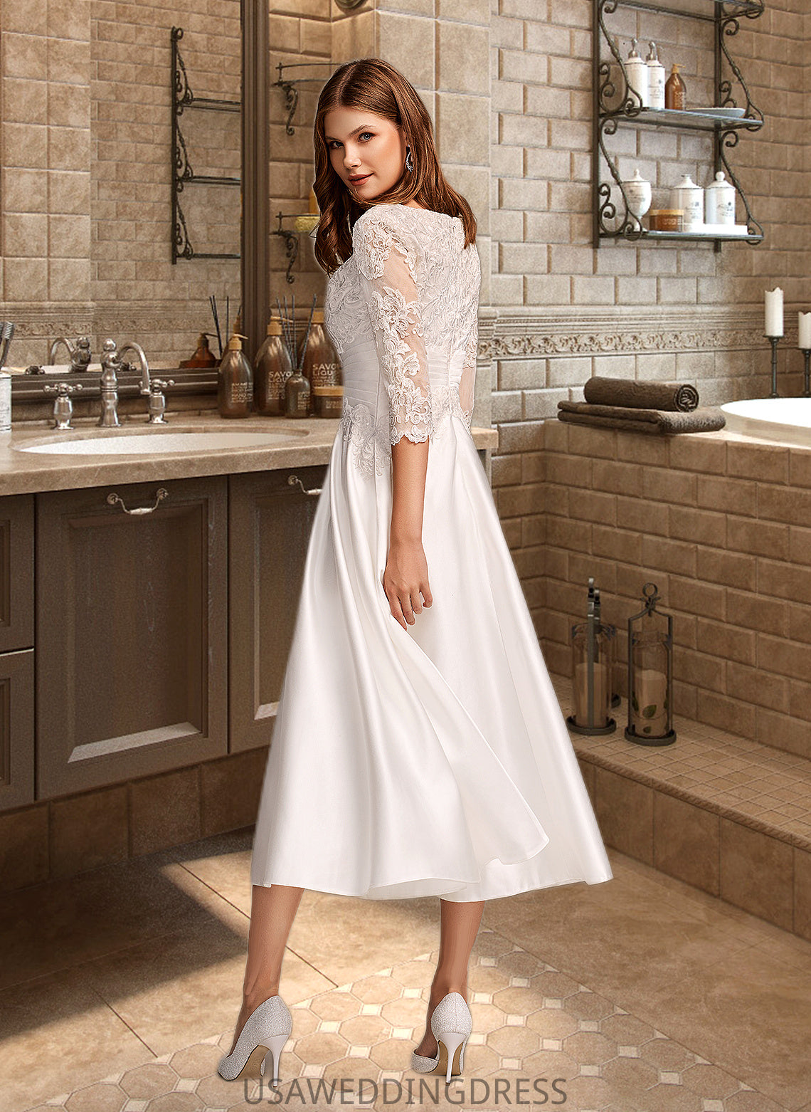 Ingrid A-Line Scoop Neck Tea-Length Wedding Dress With Pockets DSP0013723