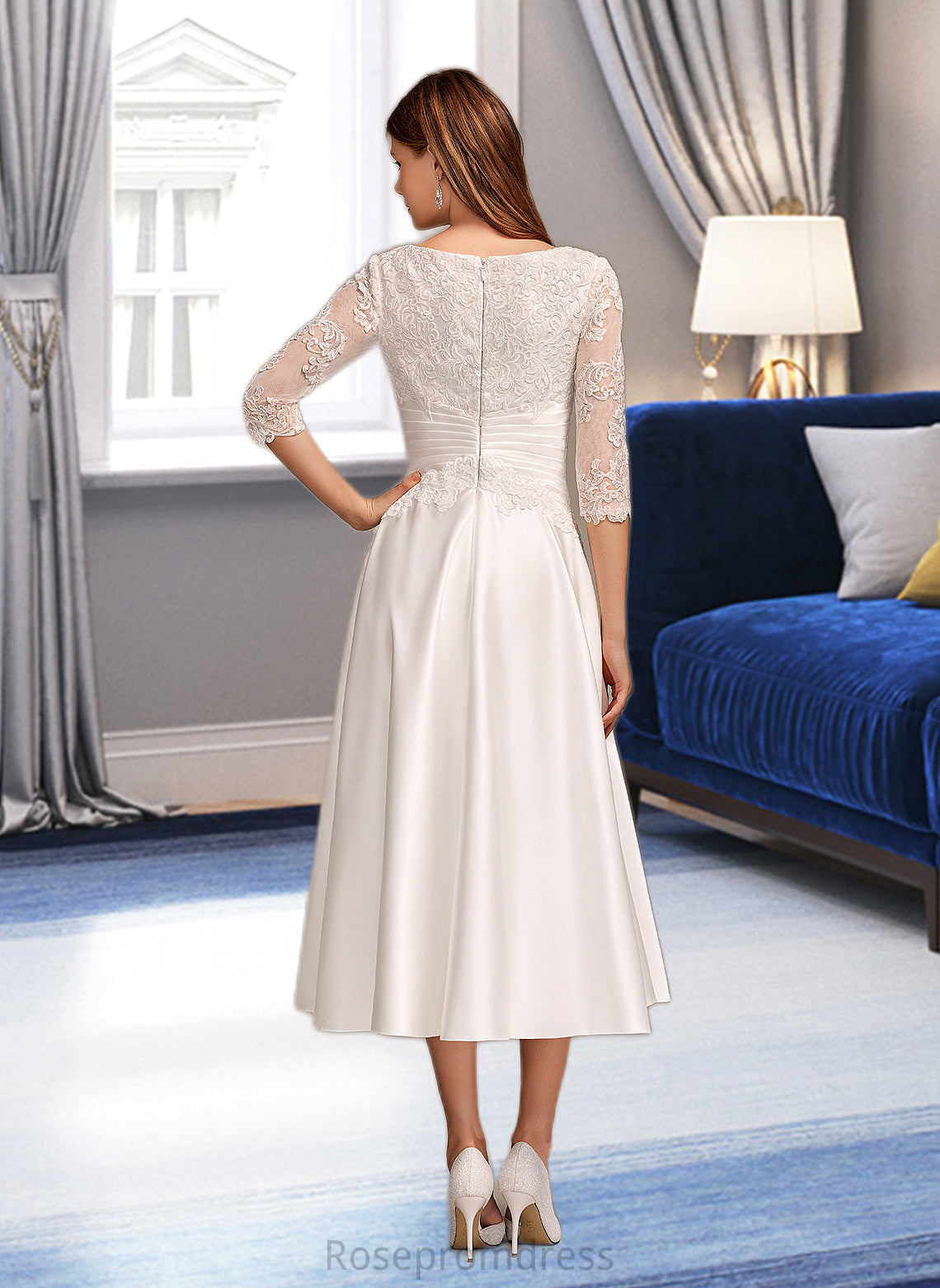 Jazlynn A-Line Scoop Neck Tea-Length Wedding Dress With Pockets SRSP0013723