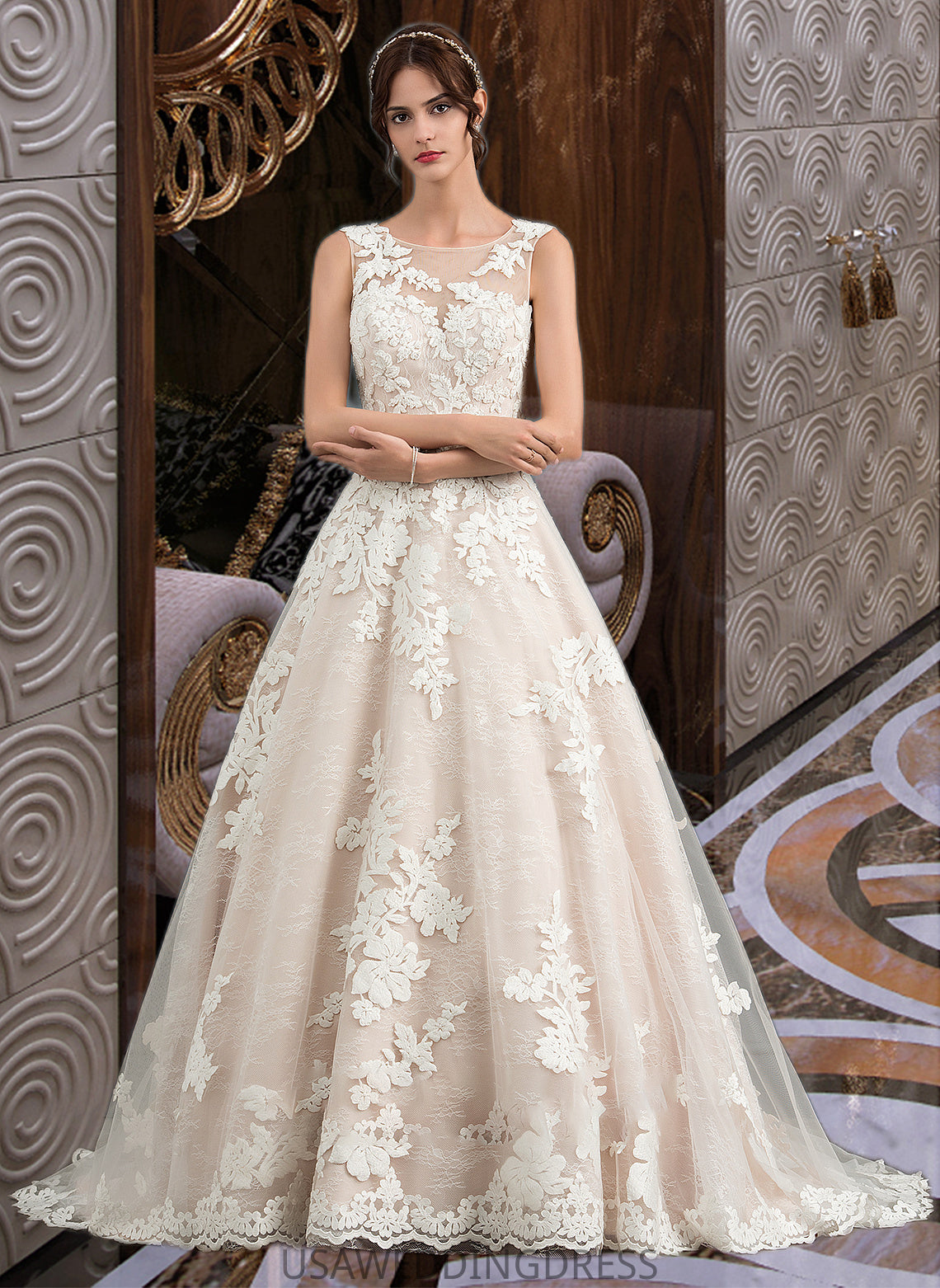 Tori Ball-Gown/Princess Illusion Court Train Tulle Wedding Dress With Beading Sequins DSP0013724