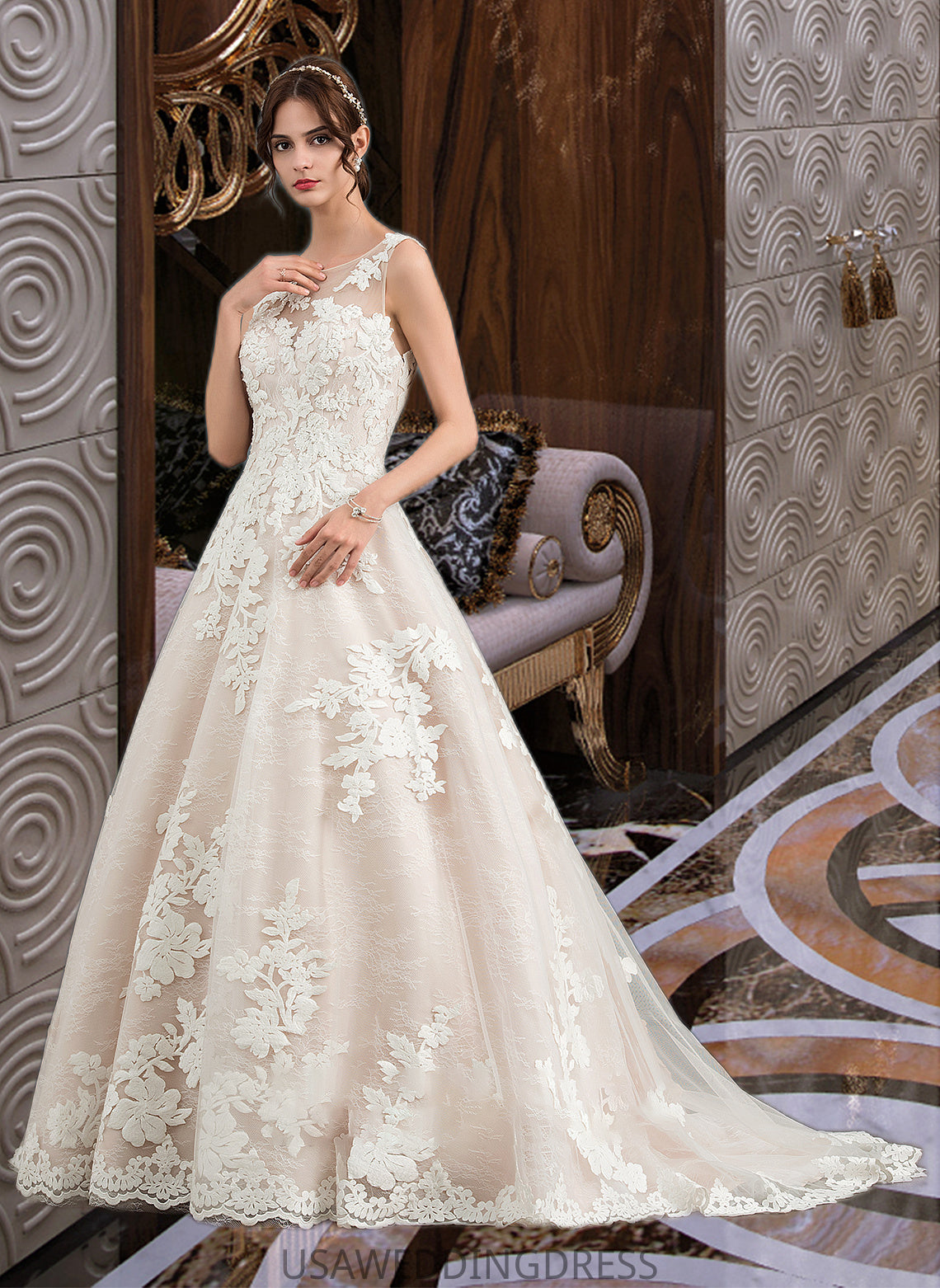 Tori Ball-Gown/Princess Illusion Court Train Tulle Wedding Dress With Beading Sequins DSP0013724