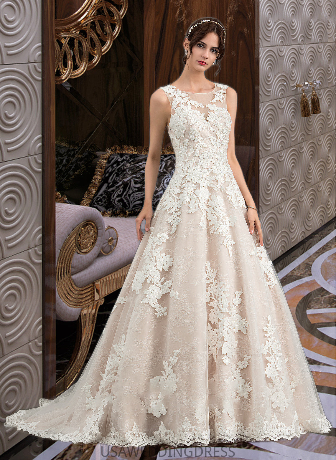 Tori Ball-Gown/Princess Illusion Court Train Tulle Wedding Dress With Beading Sequins DSP0013724