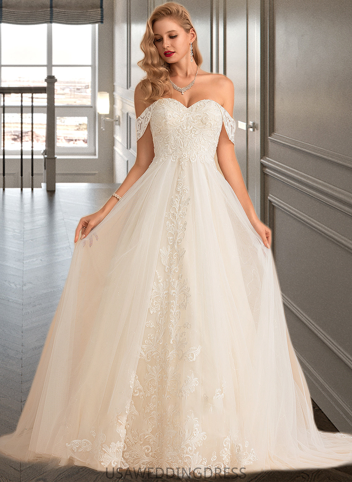 Nevaeh Ball-Gown/Princess Chapel Train Tulle Lace Wedding Dress With Sequins DSP0013726