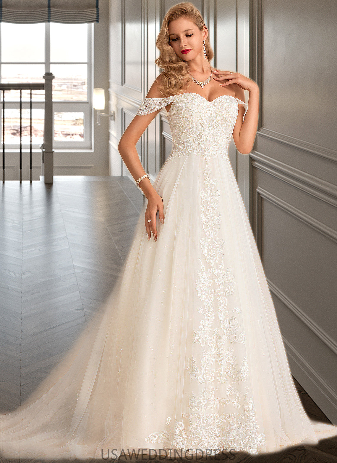 Nevaeh Ball-Gown/Princess Chapel Train Tulle Lace Wedding Dress With Sequins DSP0013726