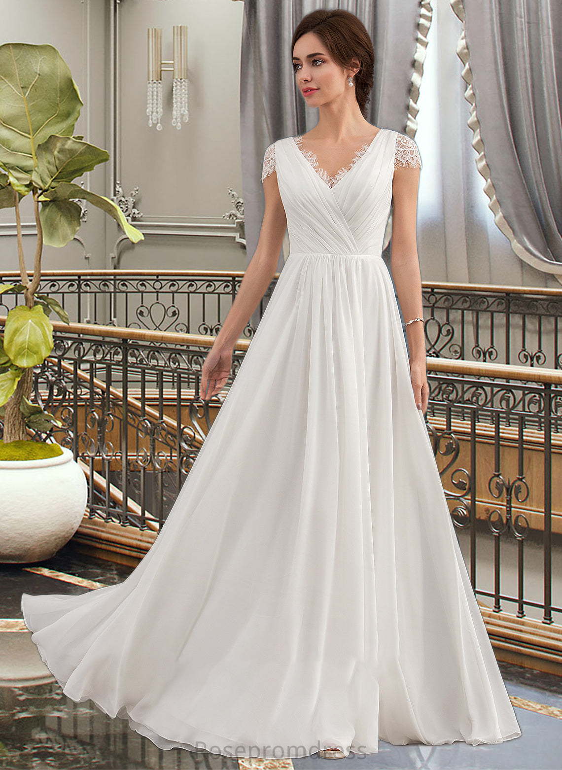 Louisa A-Line V-neck Floor-Length Chiffon Lace Wedding Dress With Ruffle SRSP0013729