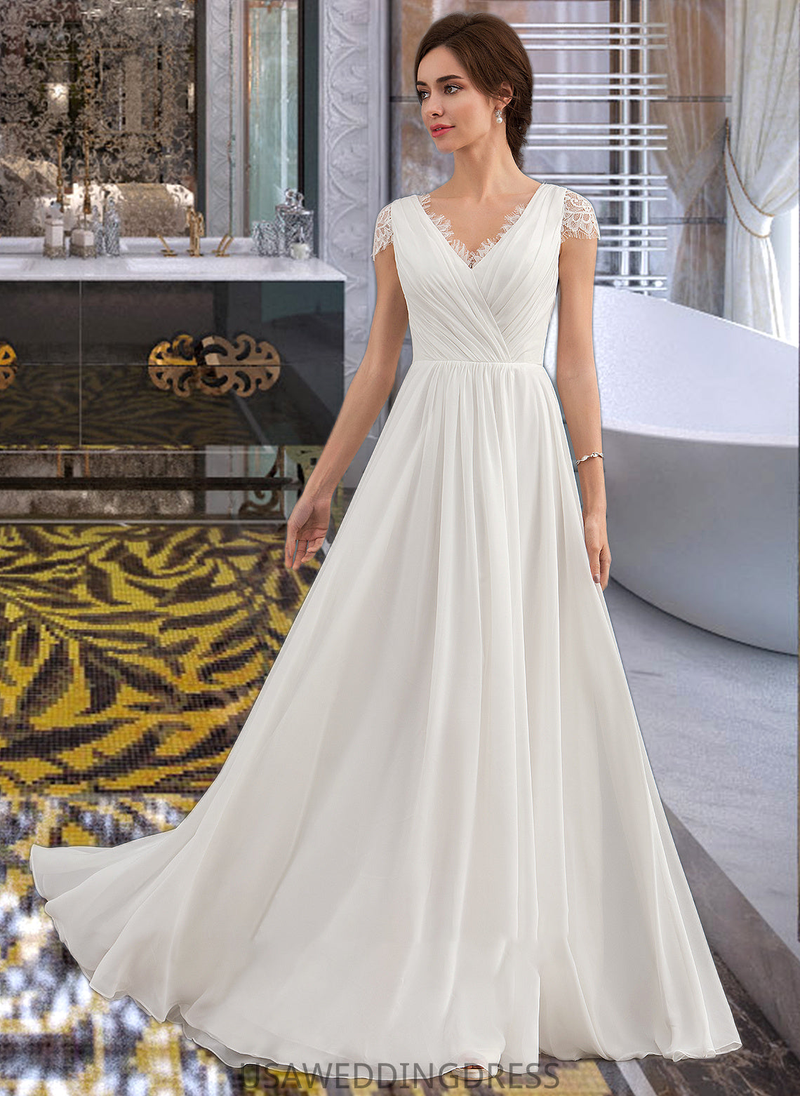 Azul A-Line V-neck Floor-Length Chiffon Lace Wedding Dress With Ruffle DSP0013729