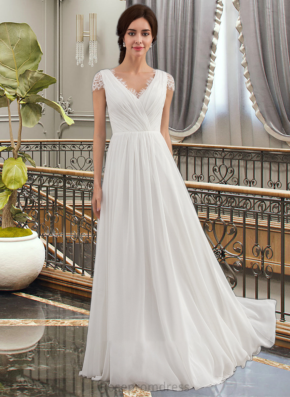 Louisa A-Line V-neck Floor-Length Chiffon Lace Wedding Dress With Ruffle SRSP0013729