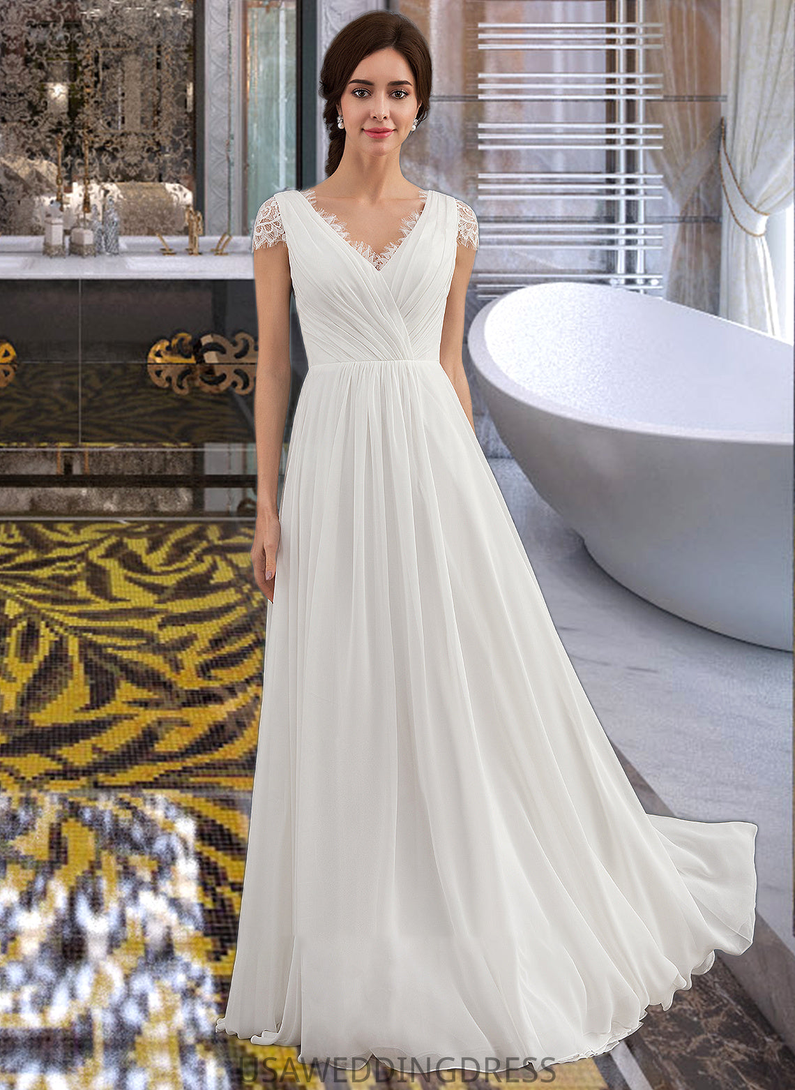 Azul A-Line V-neck Floor-Length Chiffon Lace Wedding Dress With Ruffle DSP0013729