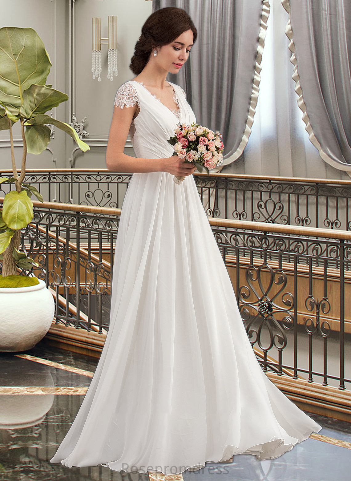 Louisa A-Line V-neck Floor-Length Chiffon Lace Wedding Dress With Ruffle SRSP0013729