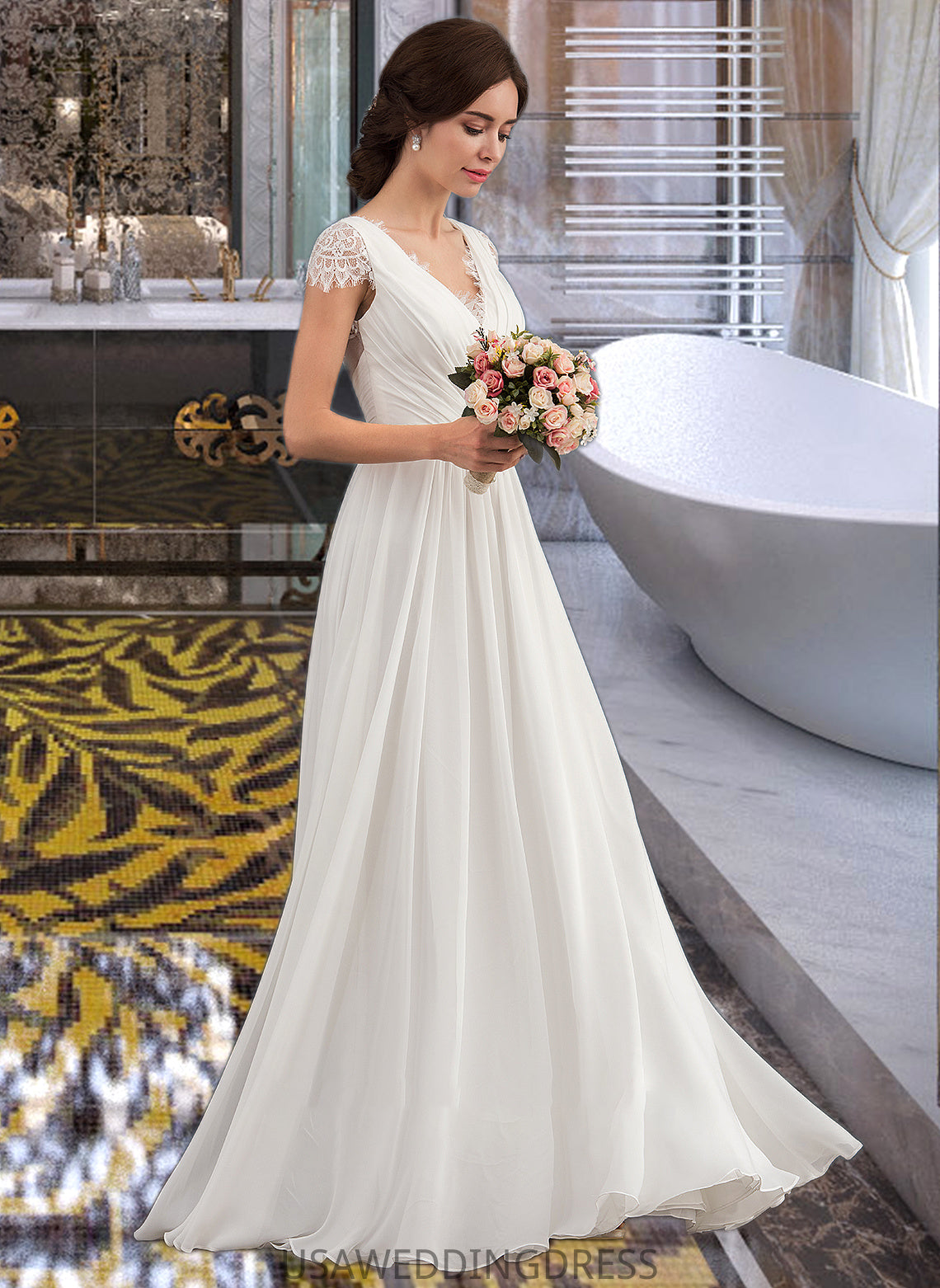 Azul A-Line V-neck Floor-Length Chiffon Lace Wedding Dress With Ruffle DSP0013729