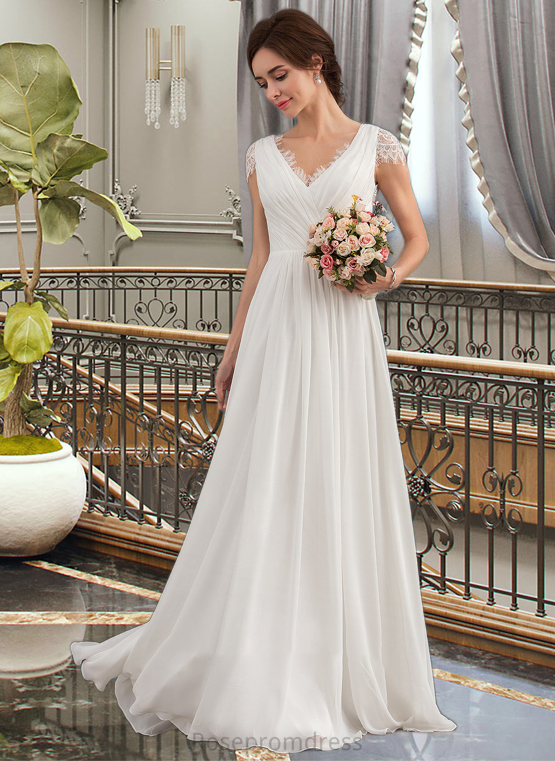 Louisa A-Line V-neck Floor-Length Chiffon Lace Wedding Dress With Ruffle SRSP0013729