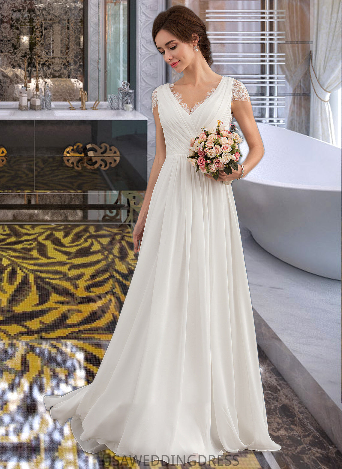 Azul A-Line V-neck Floor-Length Chiffon Lace Wedding Dress With Ruffle DSP0013729