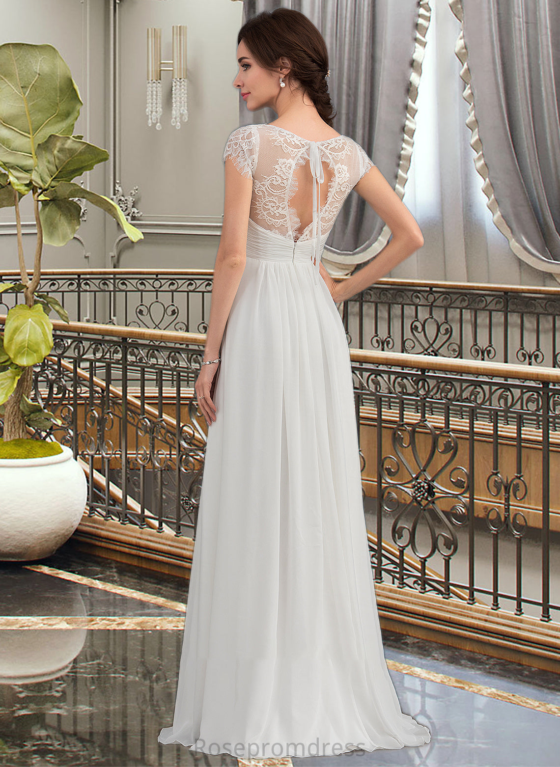 Louisa A-Line V-neck Floor-Length Chiffon Lace Wedding Dress With Ruffle SRSP0013729