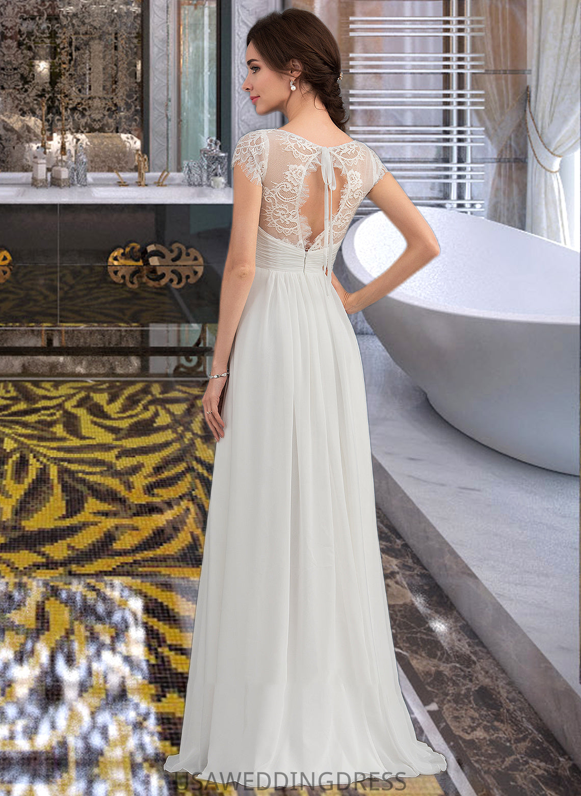 Azul A-Line V-neck Floor-Length Chiffon Lace Wedding Dress With Ruffle DSP0013729