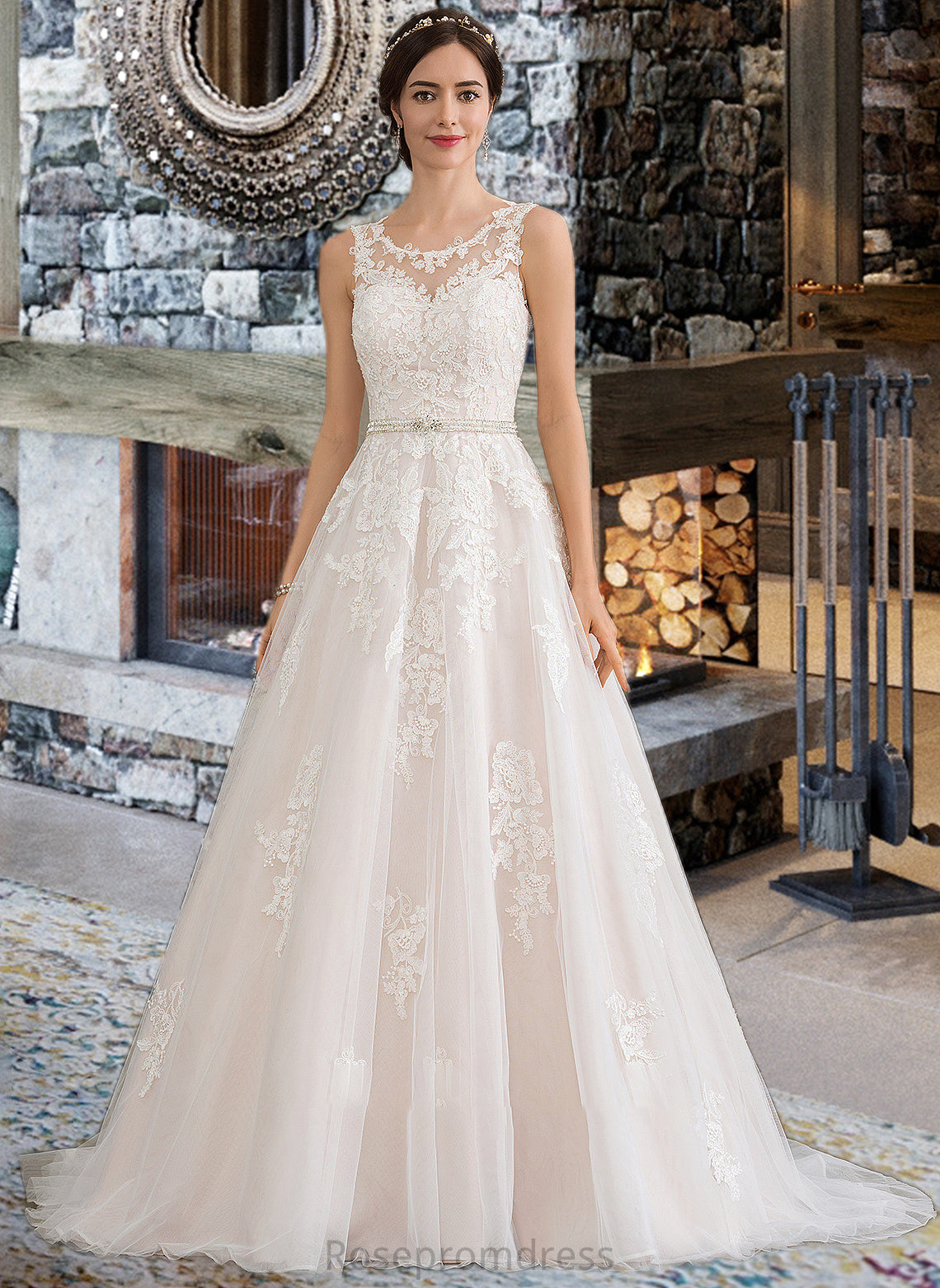 Anastasia Ball-Gown/Princess Scoop Neck Court Train Tulle Wedding Dress With Beading Sequins SRSP0013730