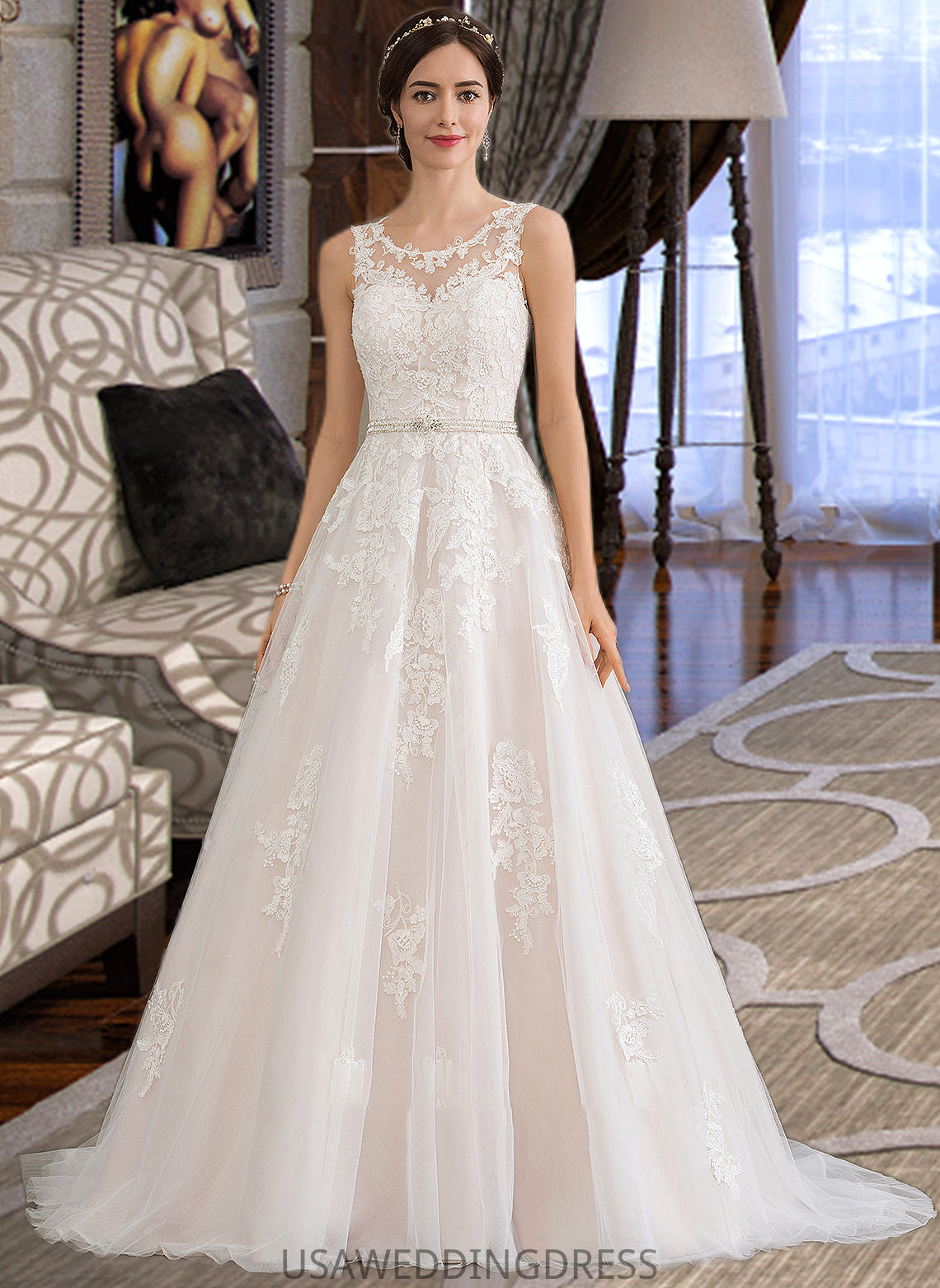 Courtney Ball-Gown/Princess Scoop Neck Court Train Tulle Wedding Dress With Beading Sequins DSP0013730