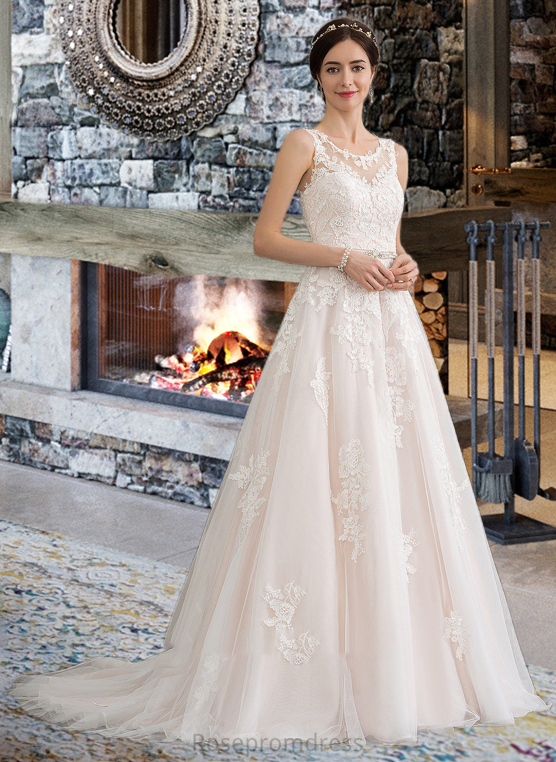 Anastasia Ball-Gown/Princess Scoop Neck Court Train Tulle Wedding Dress With Beading Sequins SRSP0013730