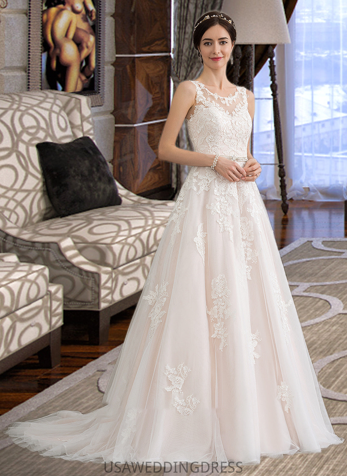 Courtney Ball-Gown/Princess Scoop Neck Court Train Tulle Wedding Dress With Beading Sequins DSP0013730