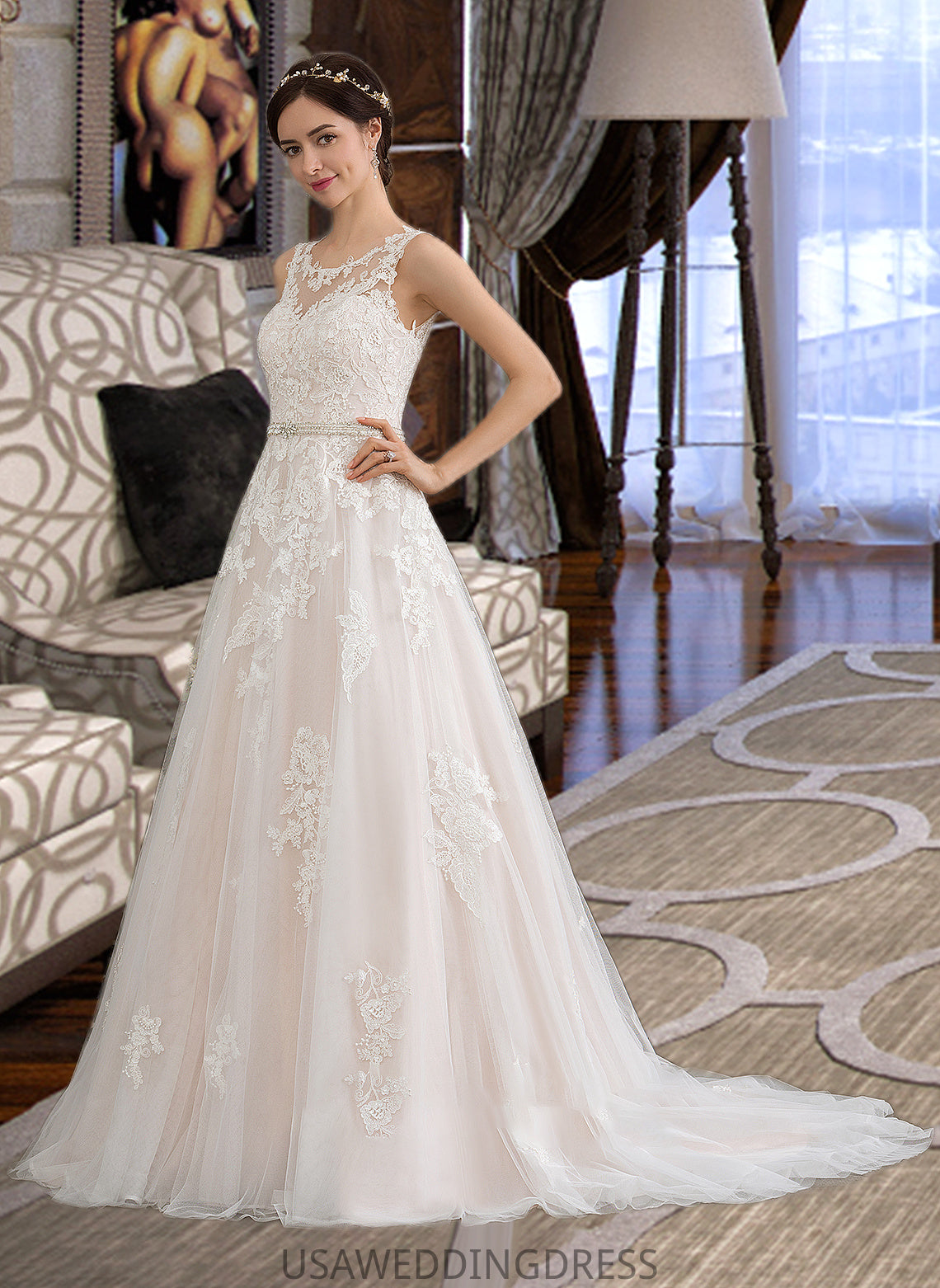 Courtney Ball-Gown/Princess Scoop Neck Court Train Tulle Wedding Dress With Beading Sequins DSP0013730