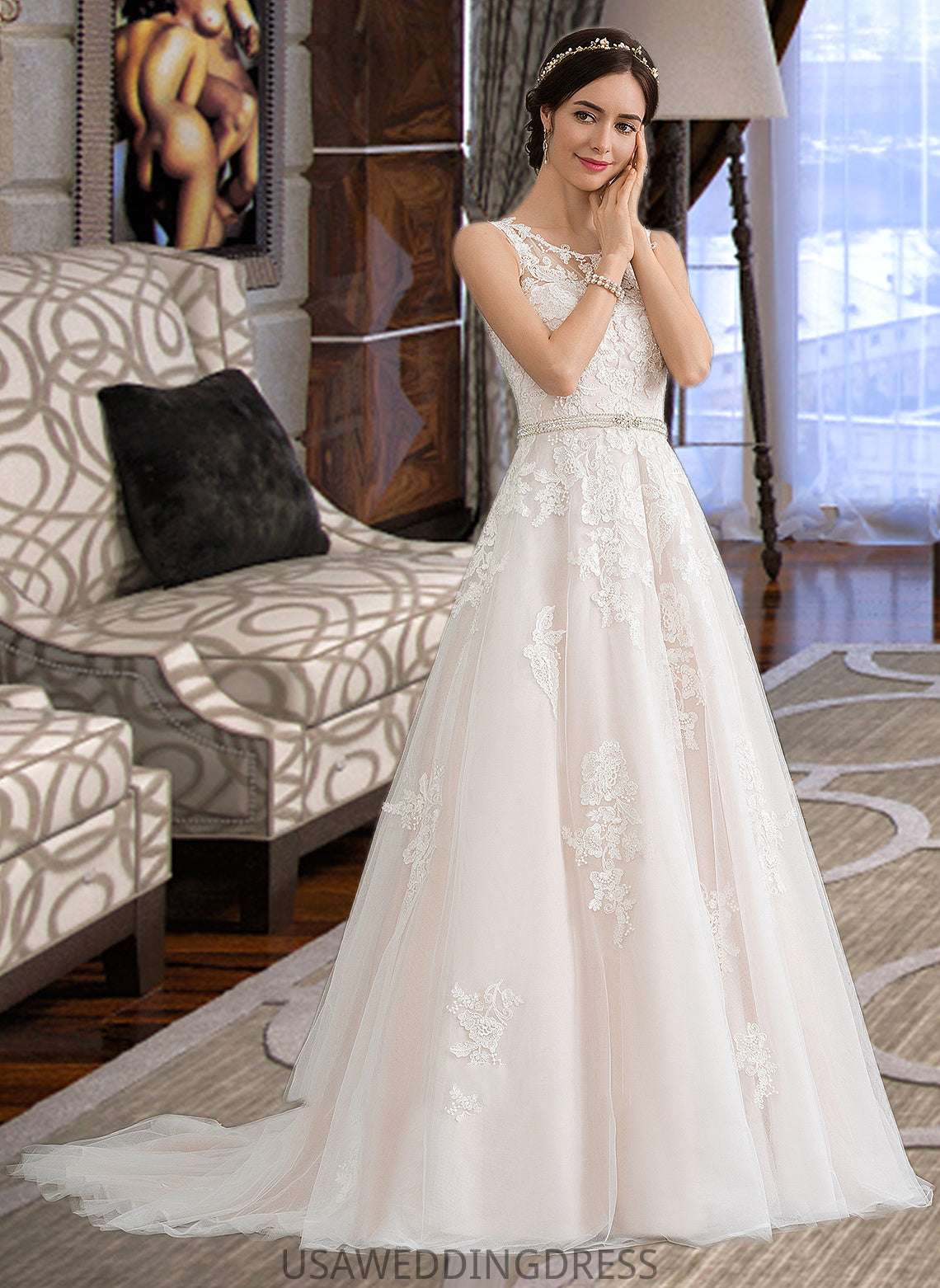 Courtney Ball-Gown/Princess Scoop Neck Court Train Tulle Wedding Dress With Beading Sequins DSP0013730