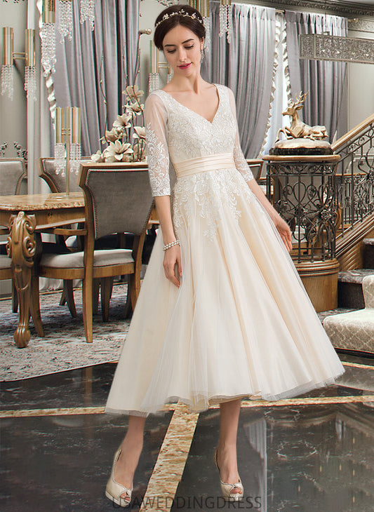 Haylee Ball-Gown/Princess V-neck Tea-Length Tulle Wedding Dress DSP0013731