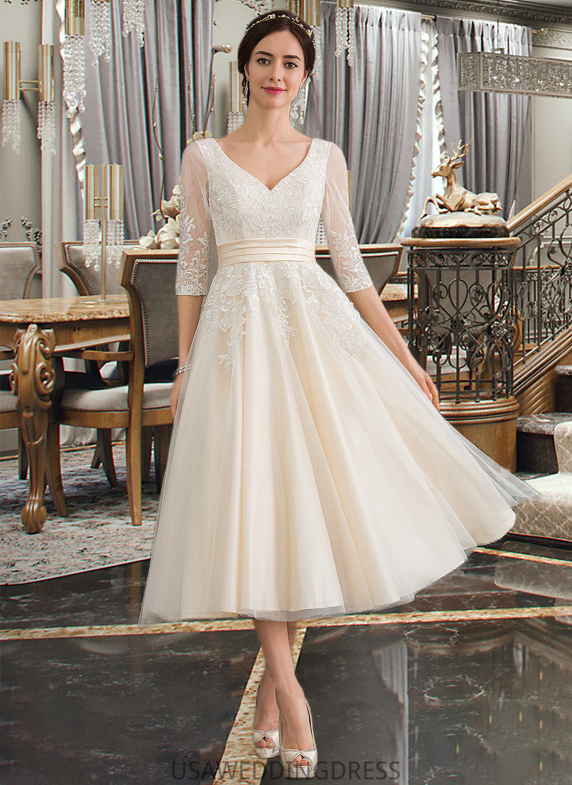 Haylee Ball-Gown/Princess V-neck Tea-Length Tulle Wedding Dress DSP0013731