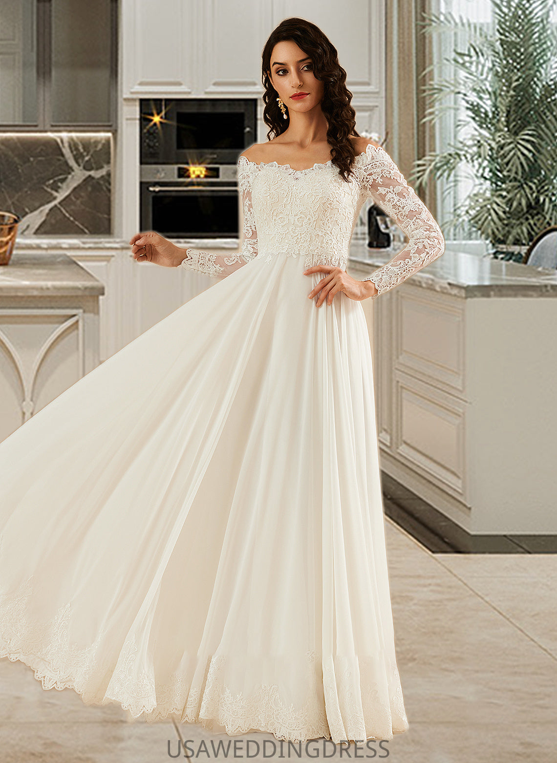 Jaycee A-Line Off-the-Shoulder Sweep Train Wedding Dress With Lace DSP0013734