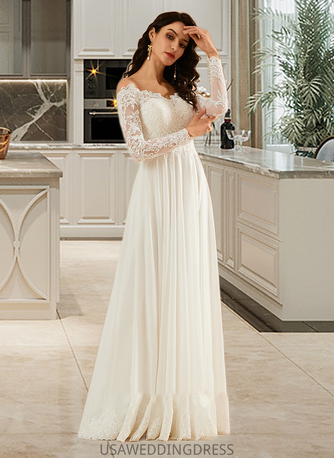 Jaycee A-Line Off-the-Shoulder Sweep Train Wedding Dress With Lace DSP0013734