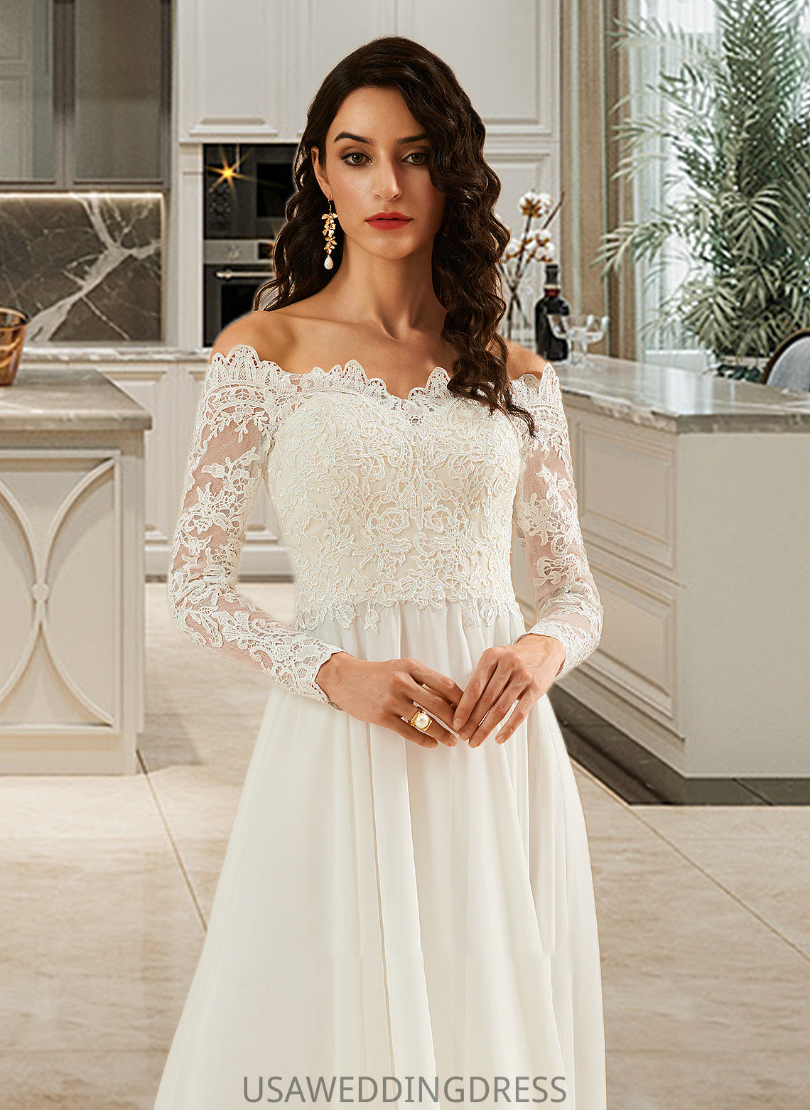 Jaycee A-Line Off-the-Shoulder Sweep Train Wedding Dress With Lace DSP0013734