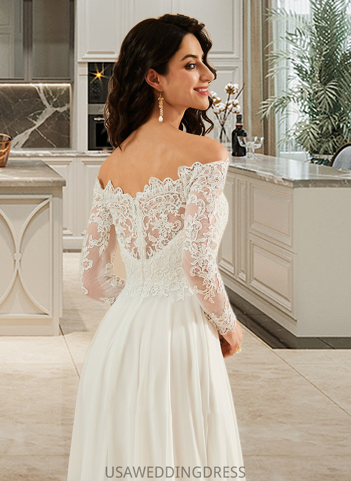 Jaycee A-Line Off-the-Shoulder Sweep Train Wedding Dress With Lace DSP0013734