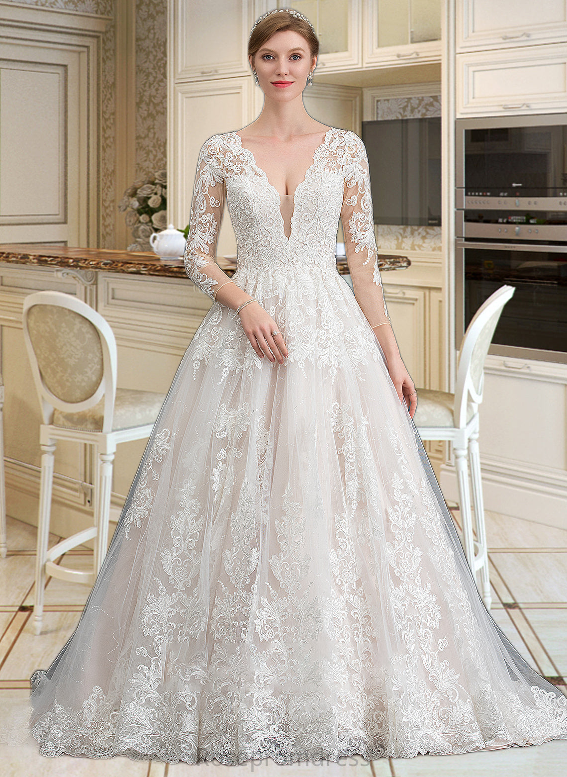 Nola Ball-Gown/Princess V-neck Chapel Train Tulle Wedding Dress SRSP0013735