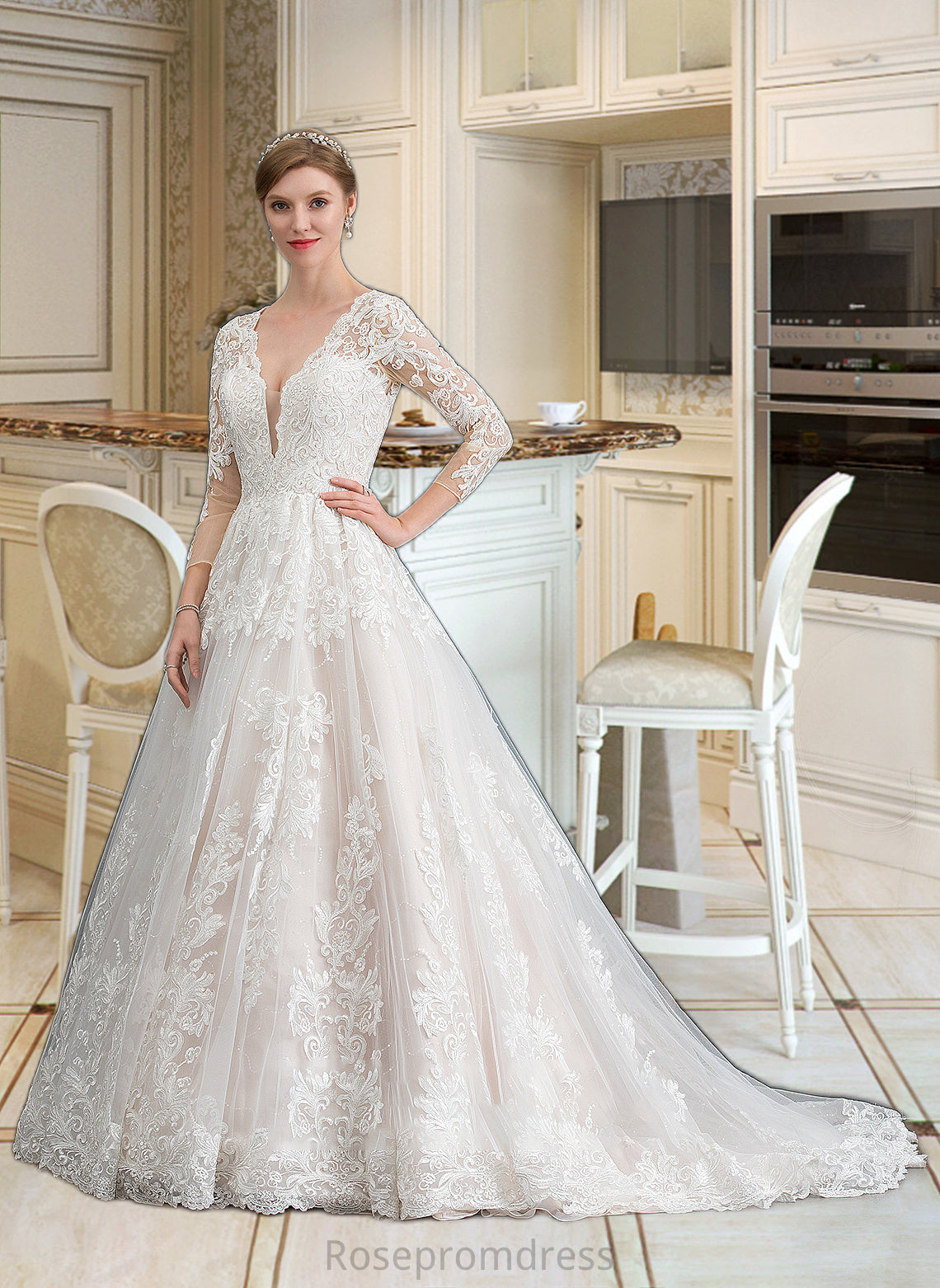 Nola Ball-Gown/Princess V-neck Chapel Train Tulle Wedding Dress SRSP0013735