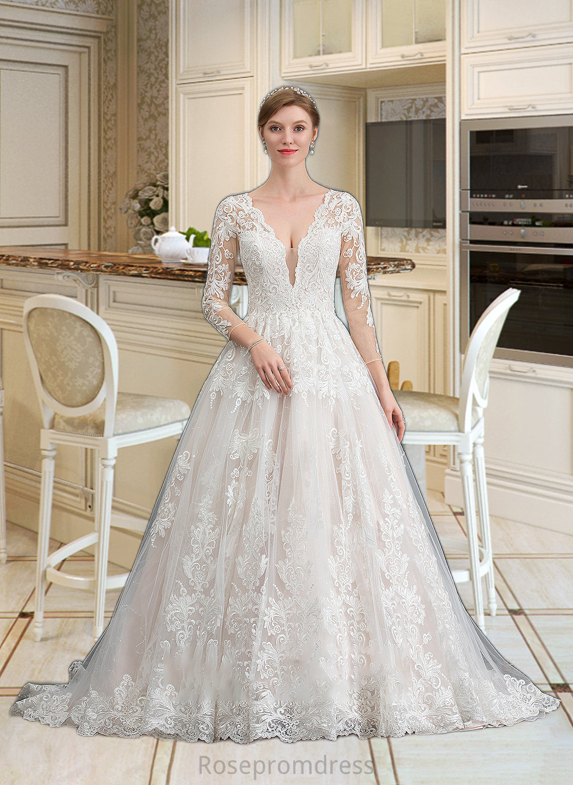 Nola Ball-Gown/Princess V-neck Chapel Train Tulle Wedding Dress SRSP0013735