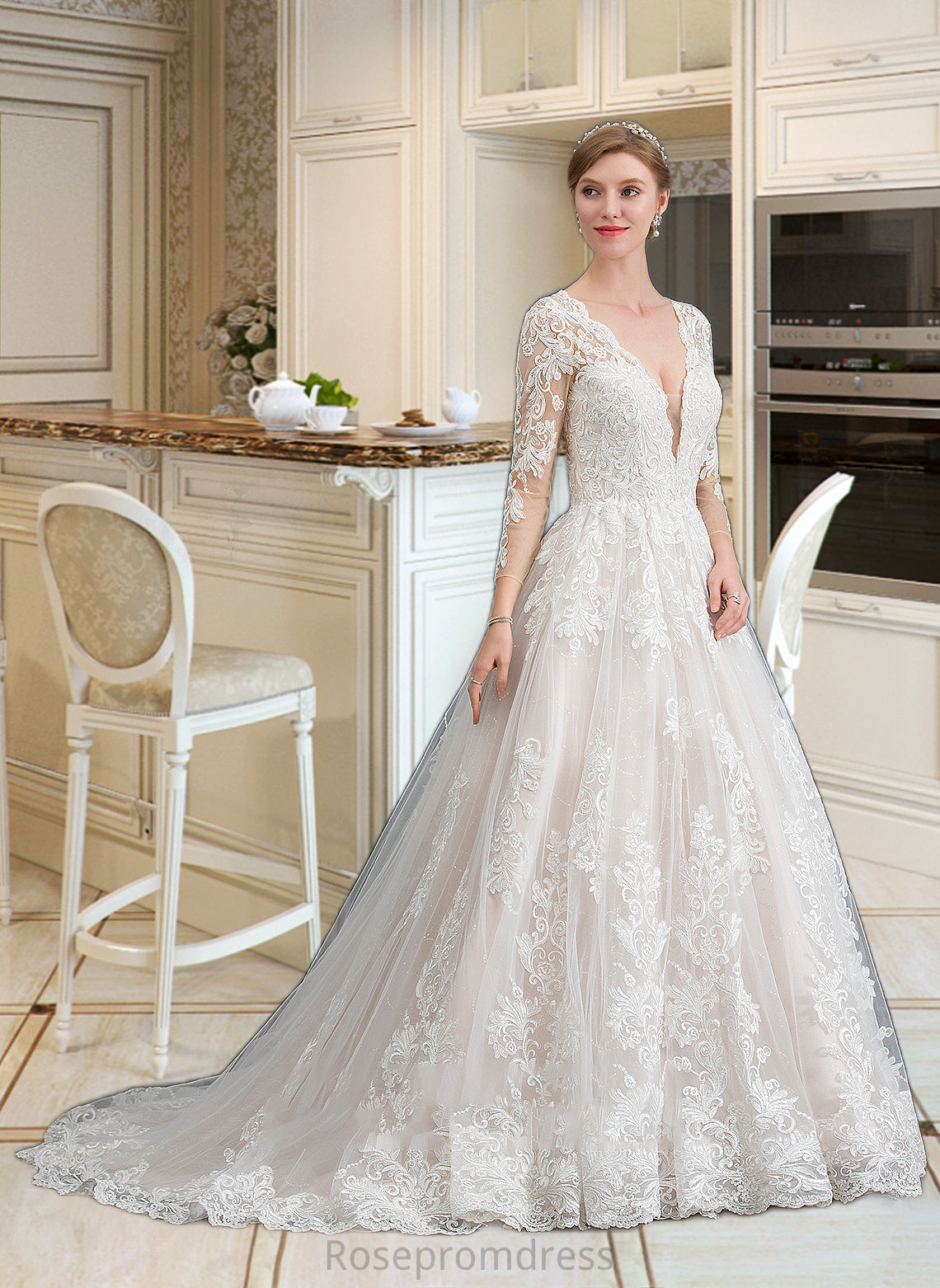 Nola Ball-Gown/Princess V-neck Chapel Train Tulle Wedding Dress SRSP0013735