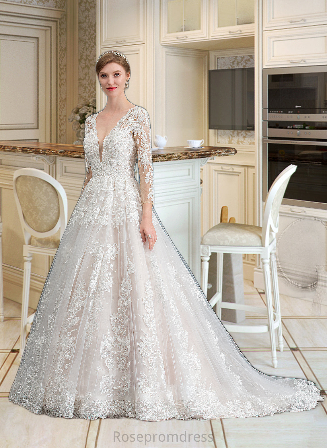 Nola Ball-Gown/Princess V-neck Chapel Train Tulle Wedding Dress SRSP0013735