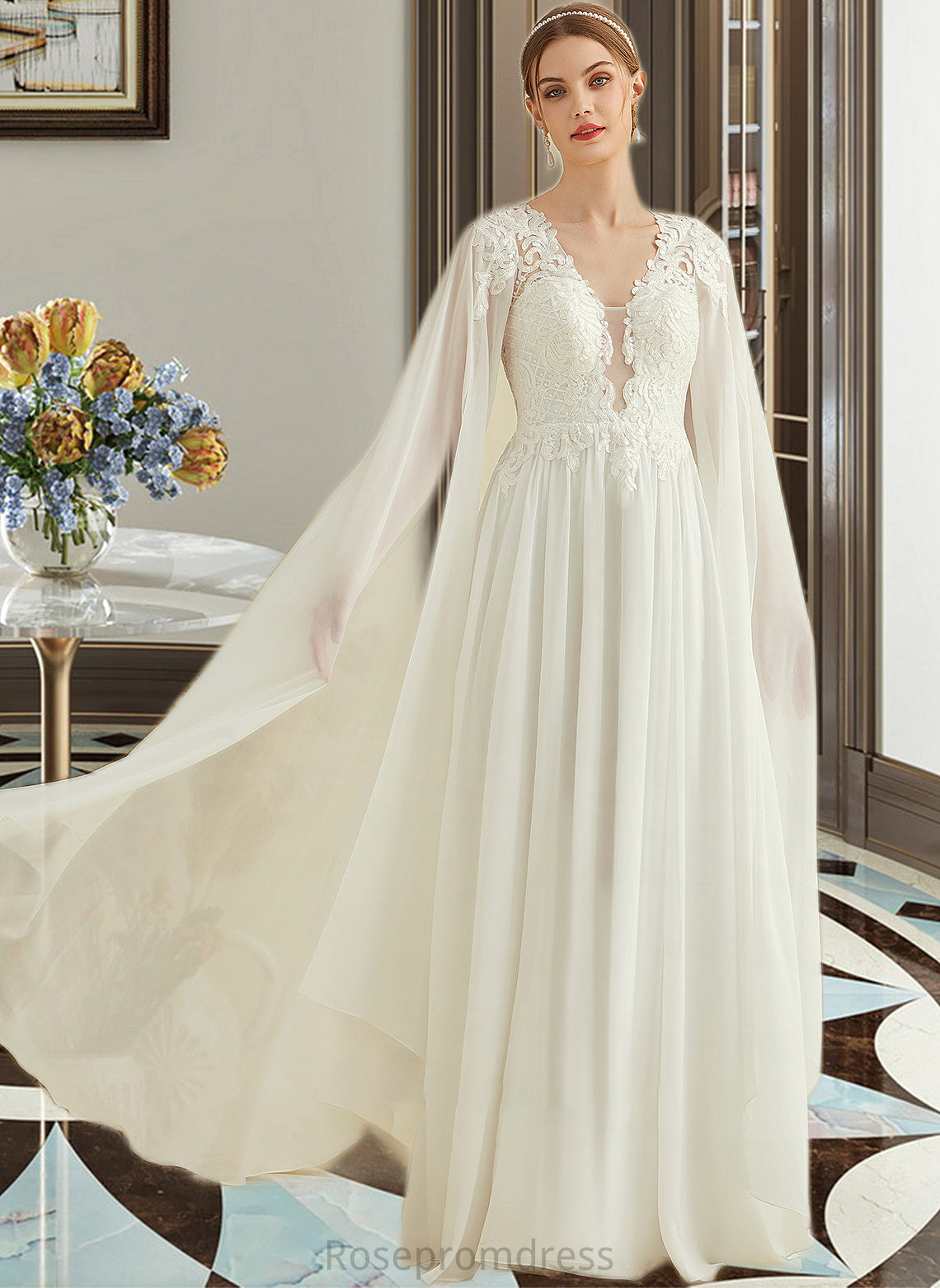 Miriam A-Line V-neck Floor-Length Chiffon Lace Wedding Dress With Sequins SRSP0013736