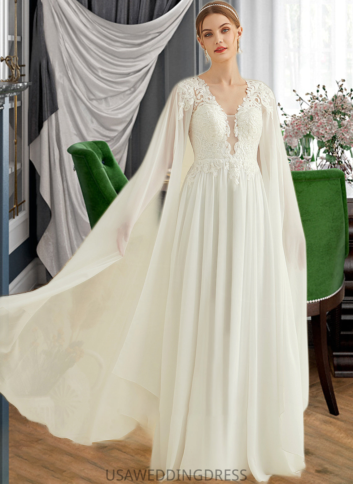 Adyson A-Line V-neck Floor-Length Chiffon Lace Wedding Dress With Sequins DSP0013736