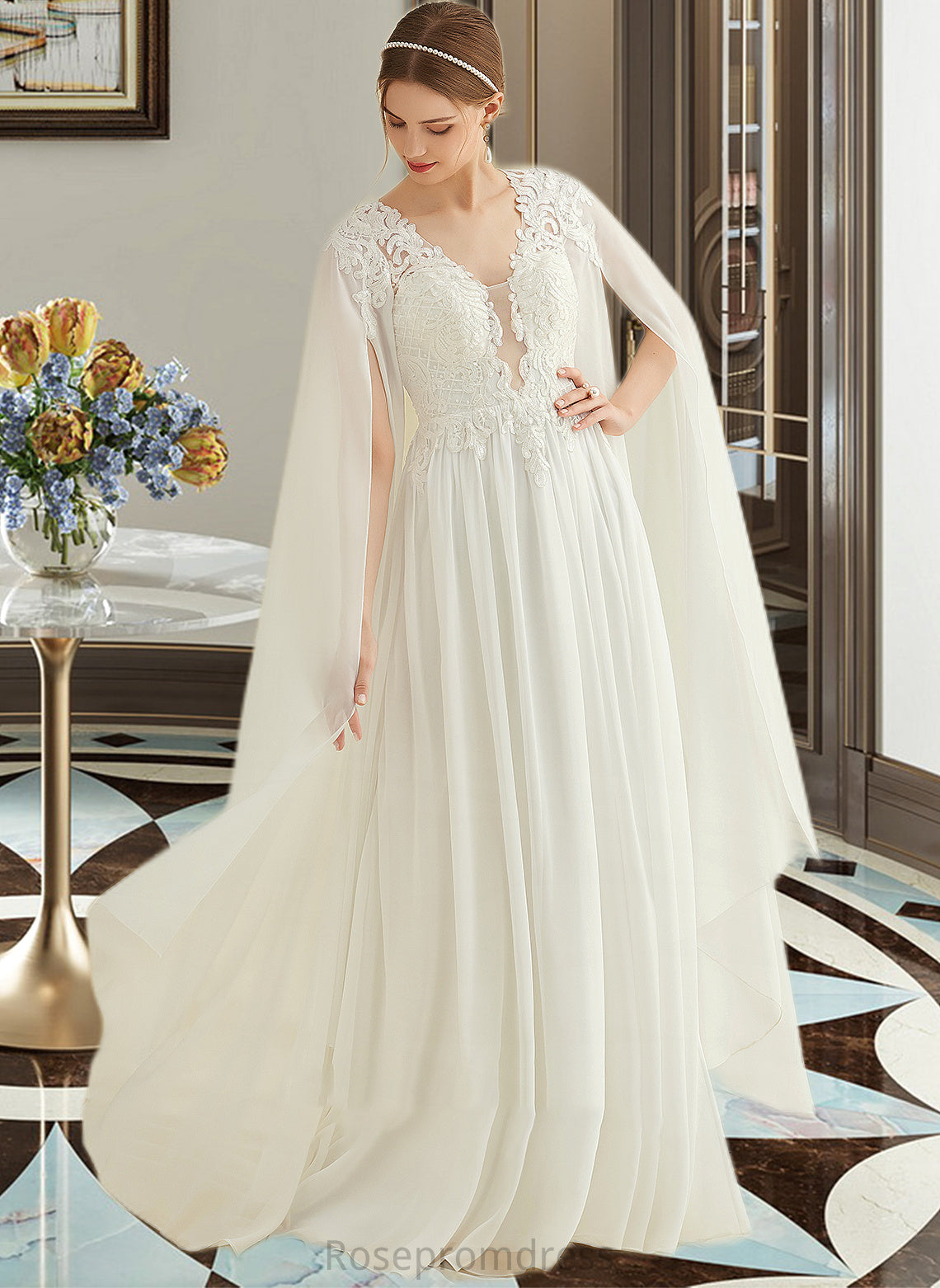 Miriam A-Line V-neck Floor-Length Chiffon Lace Wedding Dress With Sequins SRSP0013736