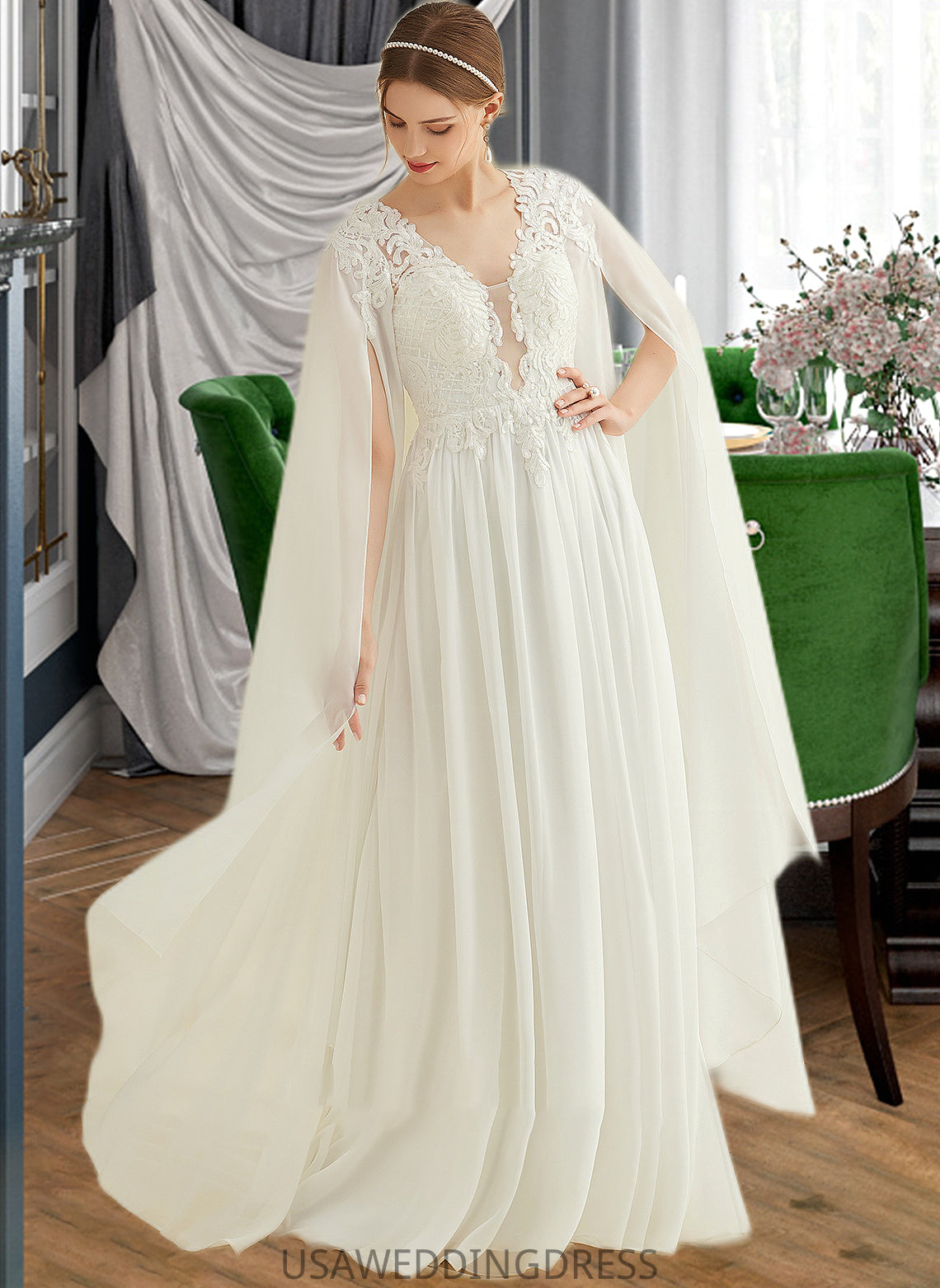 Adyson A-Line V-neck Floor-Length Chiffon Lace Wedding Dress With Sequins DSP0013736