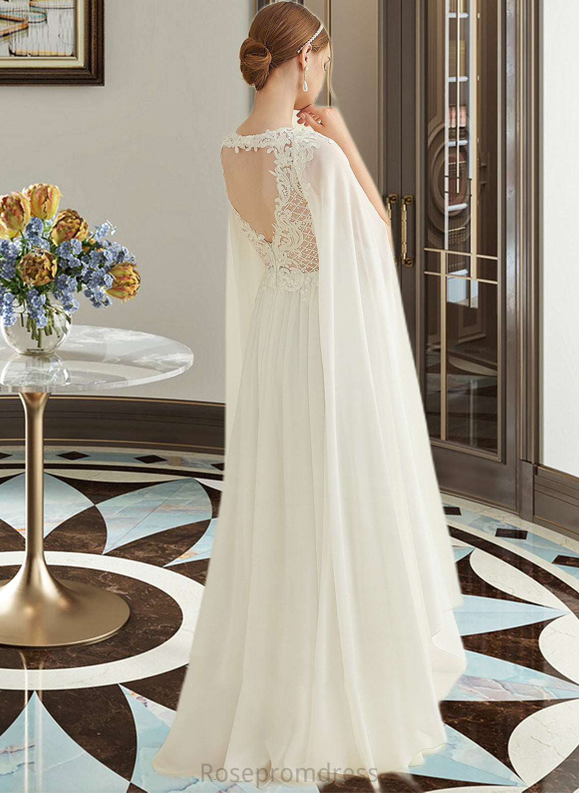 Miriam A-Line V-neck Floor-Length Chiffon Lace Wedding Dress With Sequins SRSP0013736