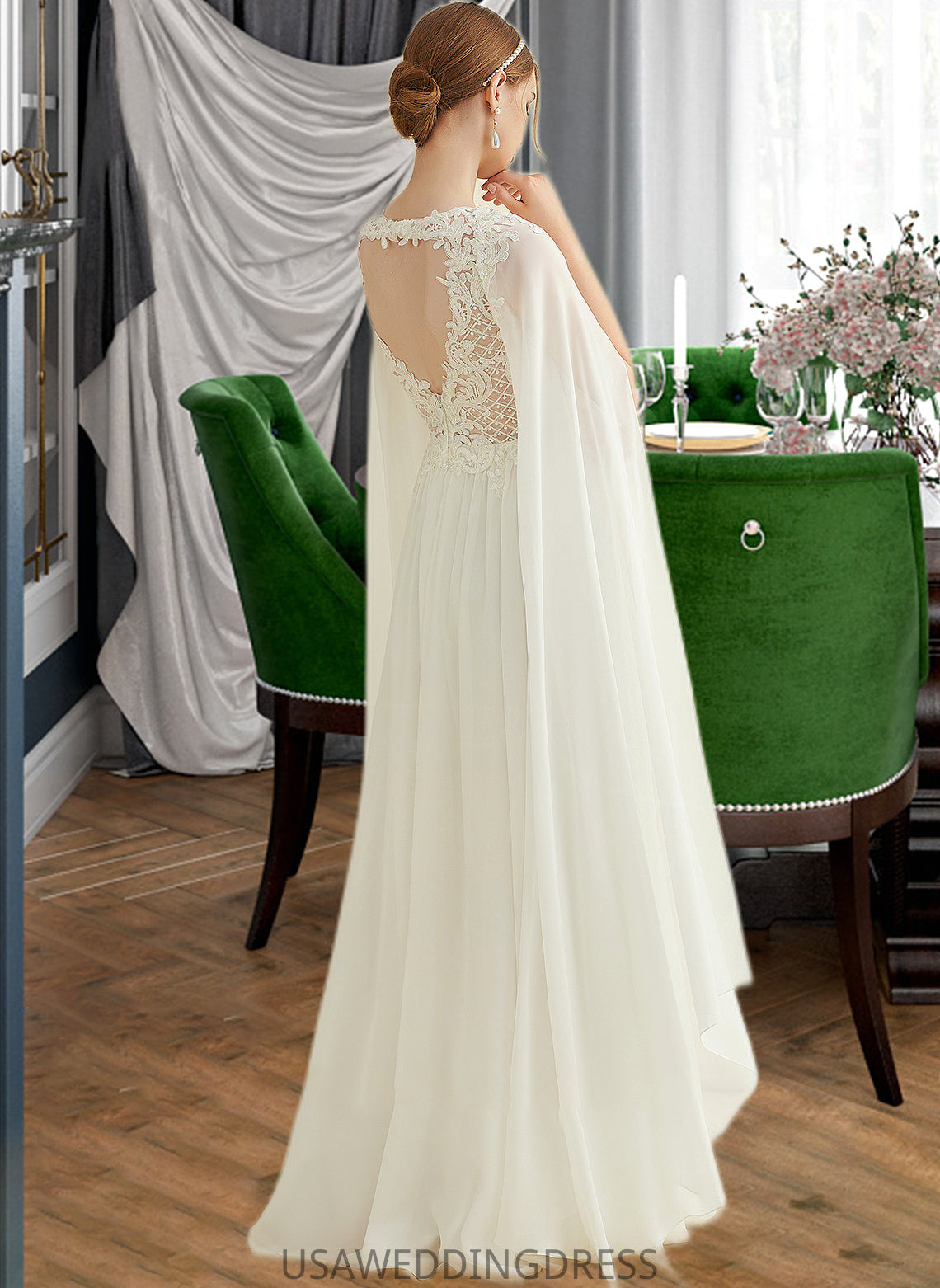 Adyson A-Line V-neck Floor-Length Chiffon Lace Wedding Dress With Sequins DSP0013736