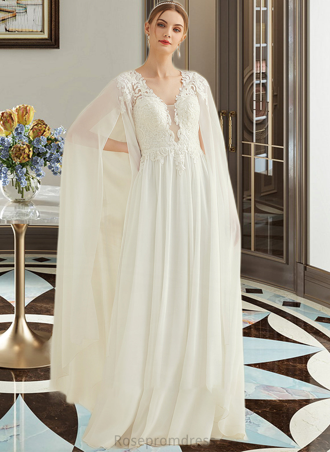 Miriam A-Line V-neck Floor-Length Chiffon Lace Wedding Dress With Sequins SRSP0013736