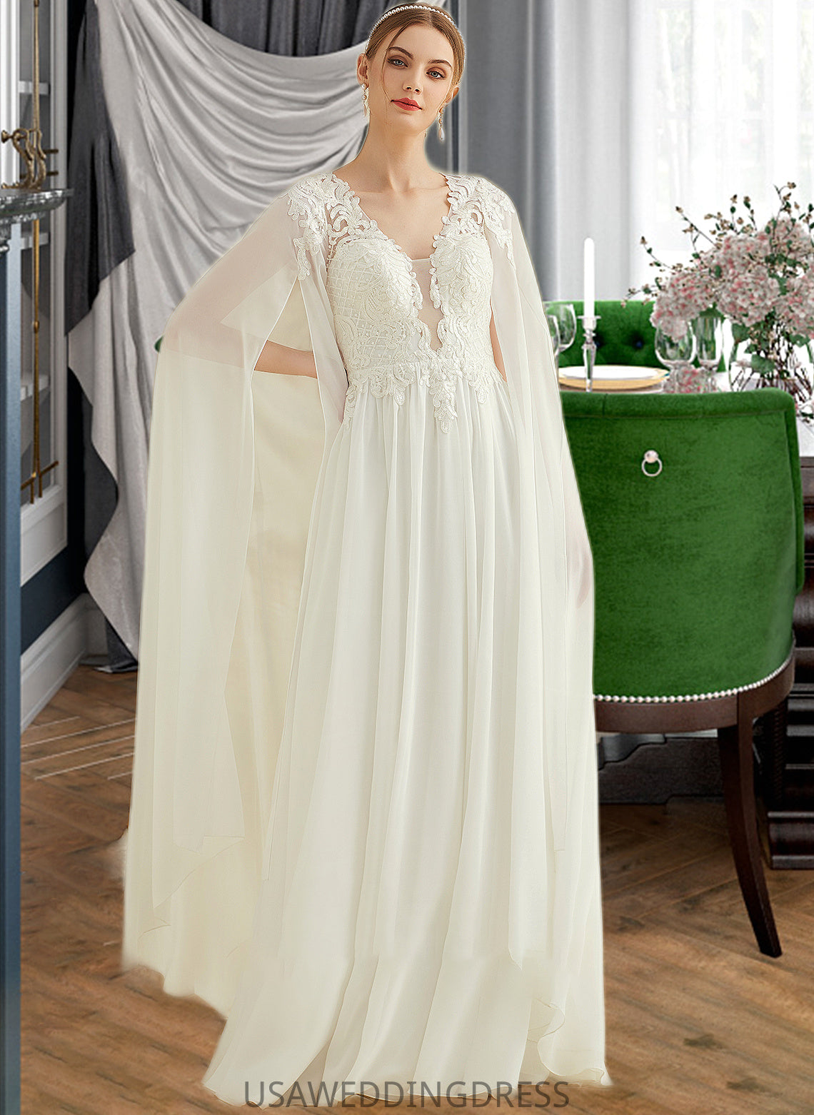 Adyson A-Line V-neck Floor-Length Chiffon Lace Wedding Dress With Sequins DSP0013736