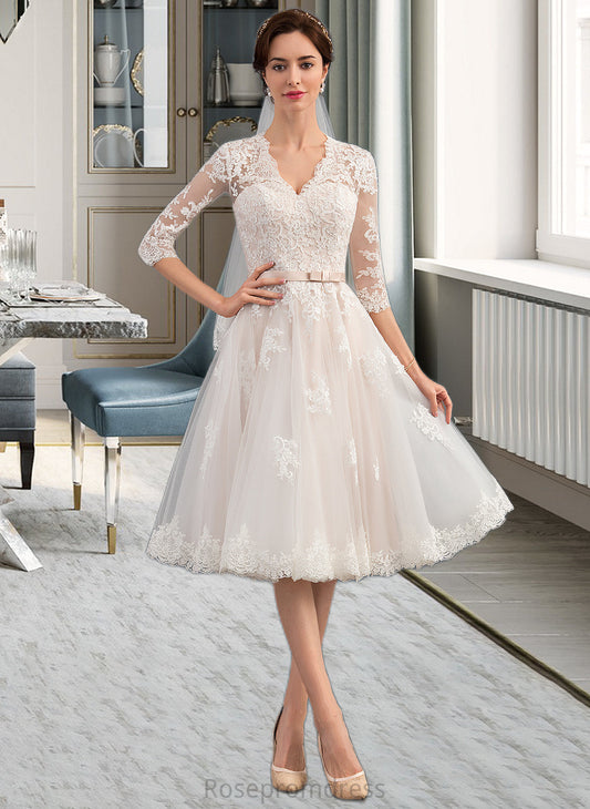 Abbigail A-Line V-neck Knee-Length Tulle Wedding Dress With Bow(s) SRSP0013737