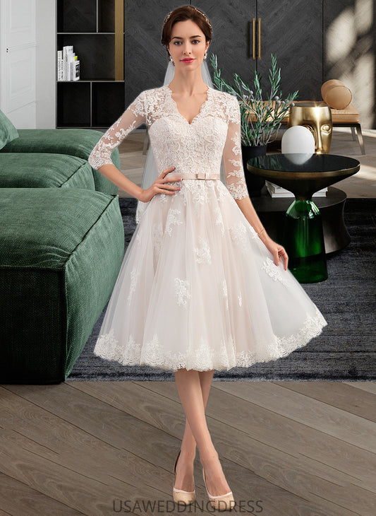 Averie A-Line V-neck Knee-Length Tulle Wedding Dress With Bow(s) DSP0013737