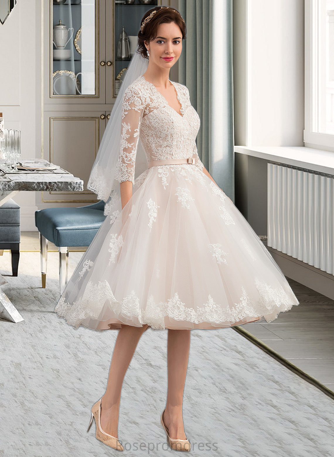 Abbigail A-Line V-neck Knee-Length Tulle Wedding Dress With Bow(s) SRSP0013737