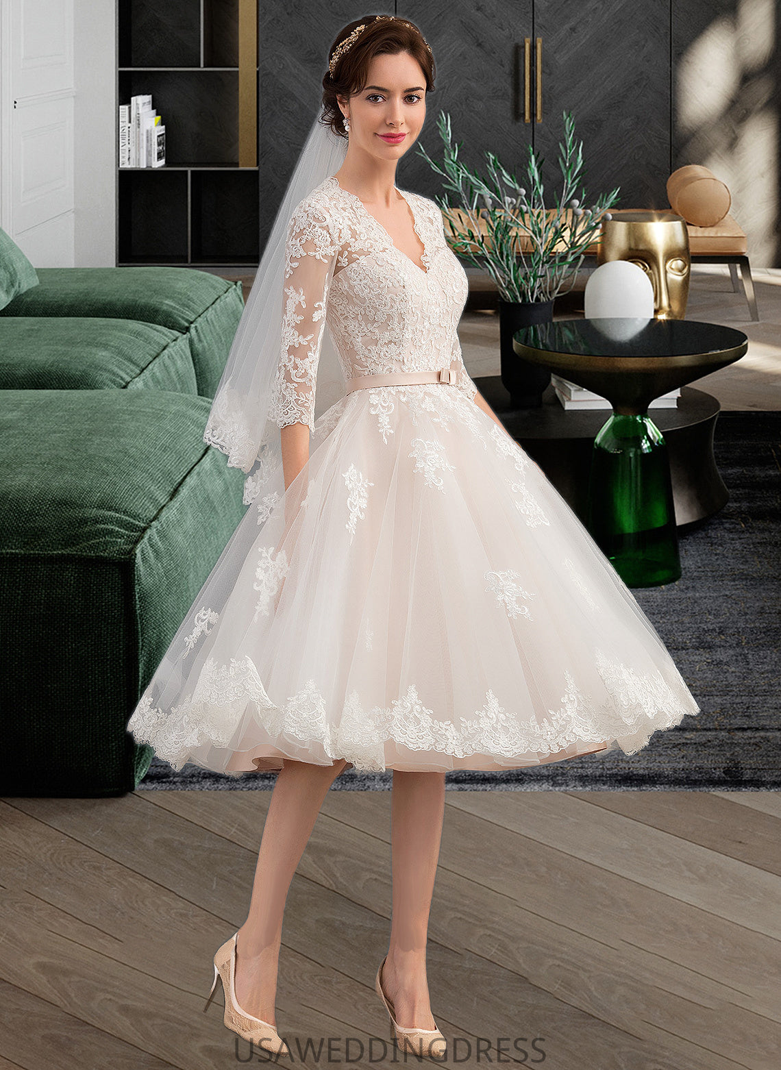 Averie A-Line V-neck Knee-Length Tulle Wedding Dress With Bow(s) DSP0013737