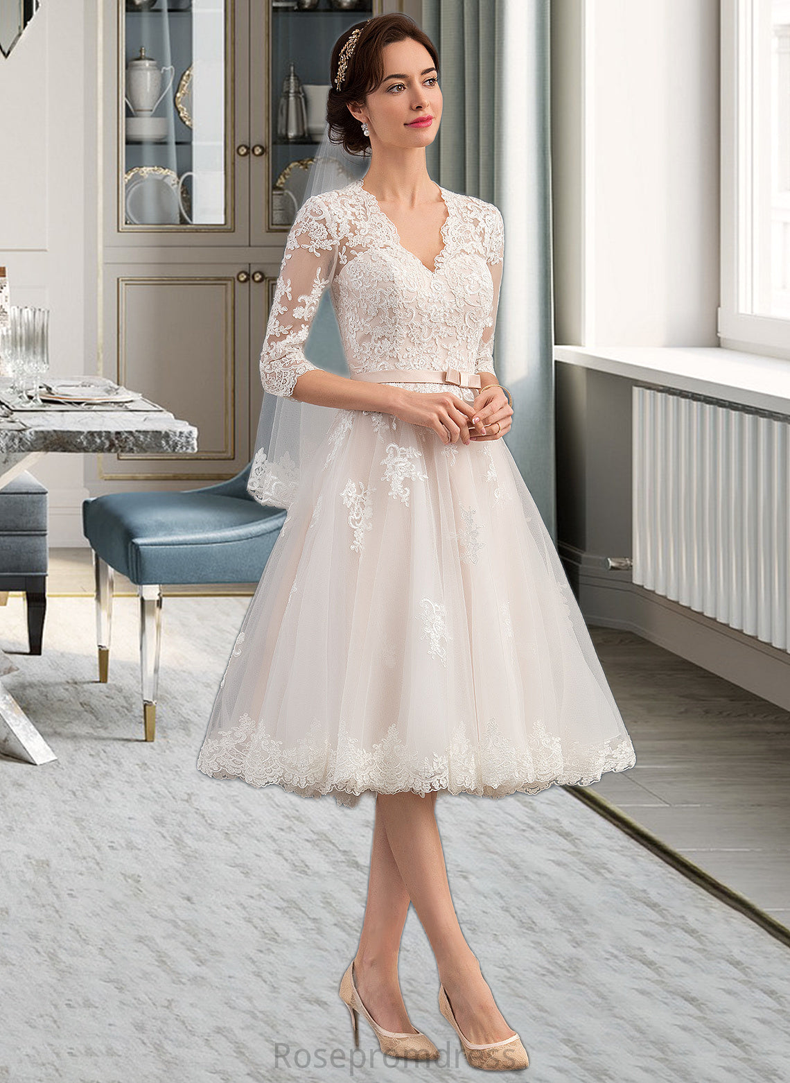 Abbigail A-Line V-neck Knee-Length Tulle Wedding Dress With Bow(s) SRSP0013737