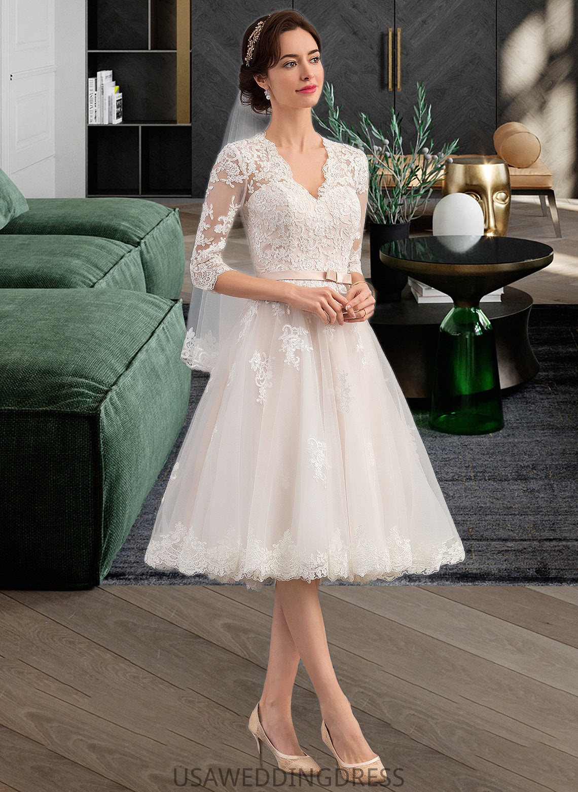 Averie A-Line V-neck Knee-Length Tulle Wedding Dress With Bow(s) DSP0013737