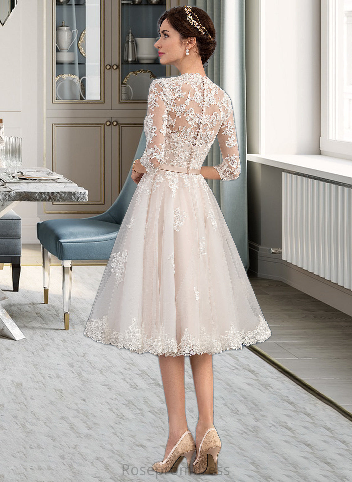 Abbigail A-Line V-neck Knee-Length Tulle Wedding Dress With Bow(s) SRSP0013737